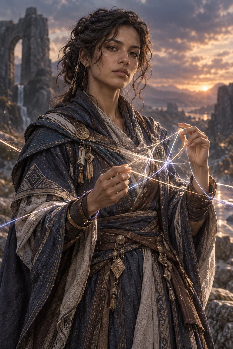 Raira, com manto e fios luminosos entre as mãos